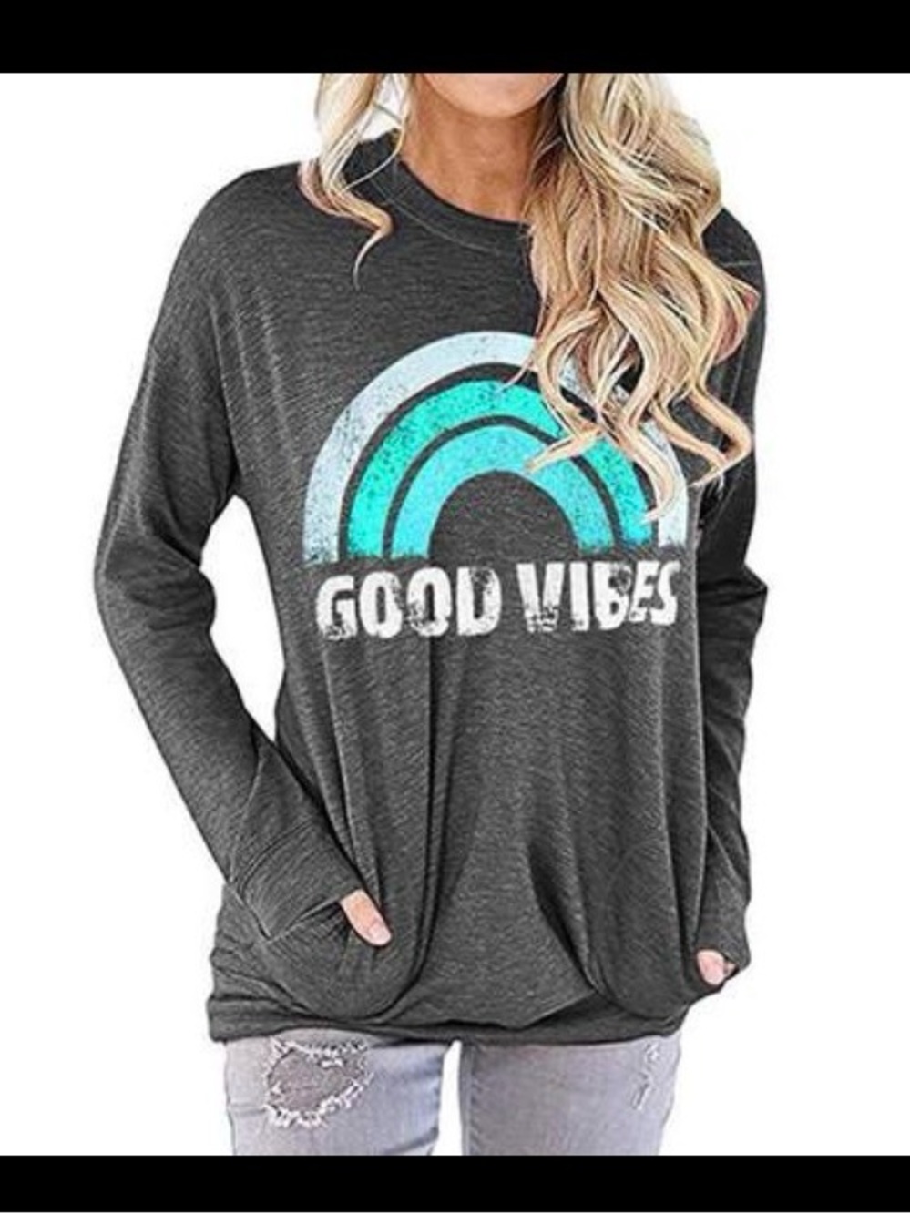 Charcoal 'Good Vibes' Graphic Sweatshirt with Teal Accent